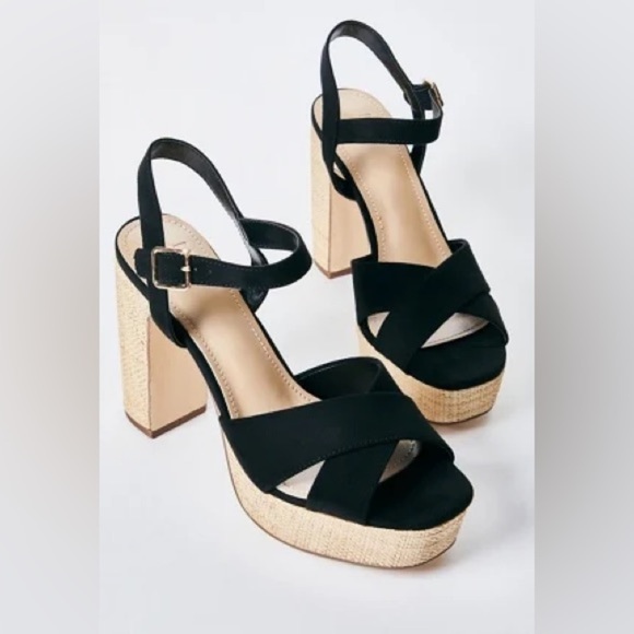 Shoedazzle Tina Crossover Sandals Black Raffia Block Heel Ankle Straps Size 9.5 - Picture 2 of 14